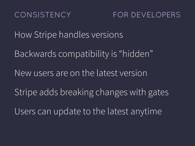 FOR DEVELOPERS
CONSISTENCY
How Stripe handles versions
Backwards compatibility is “hidden”
New users are on the latest version
Stripe adds breaking changes with gates
Users can update to the latest anytime
