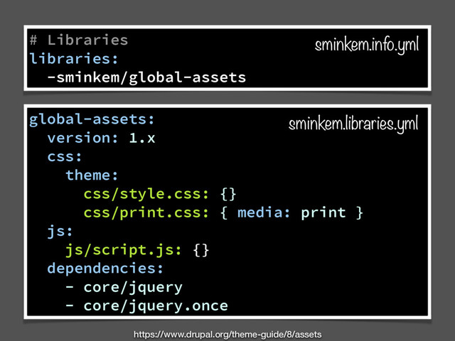 # Libraries
libraries:
-sminkem/global-assets
global-assets:
version: 1.x
css:
theme:
css/style.css: {}
css/print.css: { media: print }
js:
js/script.js: {}
dependencies:
- core/jquery
- core/jquery.once
sminkem.info.yml
sminkem.libraries.yml
https://www.drupal.org/theme-guide/8/assets
