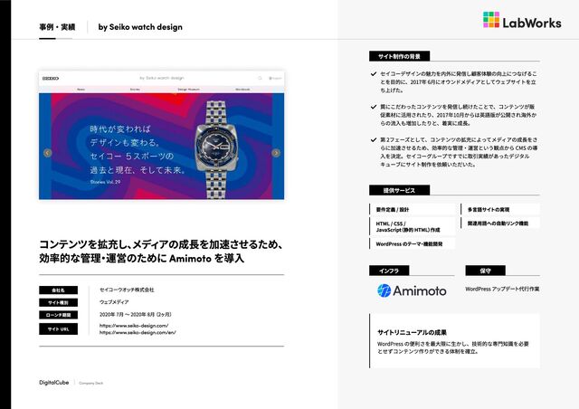 by Seiko watch design
DigitalCube Company Deck
事例・実績
サイト制作の背景
セイコーデザインの魅力を内外に発信し顧客体験の向上につなげるこ
とを目的に、2017年 6月にオウンドメディアとしてウェブサイトを立
ち上げた。
質にこだわったコンテンツを発信し続けたことで、コンテンツが販
促素材に活用されたり、2017年10月からは英語版が公開され海外か
らの流入も増加したりと、着実に成長。
第 2フェーズとして、コンテンツの拡充によってメディアの成長をさ
らに加速させるため、効率的な管理・運営という観点から CMS の導
入を決定。セイコーグループですでに取引実績があったデジタル
キューブにサイト制作を依頼いただいた。
提供サービス
要件定義 / 設計
HTML / CSS /

JavaScript
（静的 HTML）
作
成
WordPress の
テー
マ・機能開発
多言語サイトの
実現
関連用語への
自動リンク機能
イ
ンフラ 保守
WordPress ア
ップデート
代行作業
サイト
リニュー
アルの
成果
WordPress の
便利さを
最大限に
生かし、
技術的な
専門知識を
必要
とせ
ずコンテンツ作りがで
きる
体制を
確立。
コンテンツを拡充し、
メディアの
成長を加速させるため、

効率的な管理・運営の
ために Amimoto を導入
会社名
サイト種別
ローンチ期間
サイト URL
セイコー
ウオッチ株式会社
ウェブメディ
ア
2020年 7月
〜 2020年
8月
（2
ヶ月
）
http
s://www.seiko
-de
sign
.com
/
http
s://www.seiko
-de
sign
.com
/en
/
