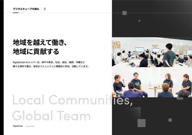 地域を越えて働き、

地域に貢献する
DigitalCube のメンバーは、神戸や東京、仙台、高松、福岡、沖縄など

様々な場所で働き、各地のコミュニティに積極的に参加、活動しています。
デジタルキューブの強み 3
DigitalCube Company Deck
