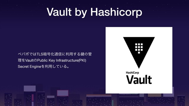 Vault by Hashicorp
ϖύϘͰ͸TLS҉߸Խ௨৴ʹར༻͢Δ伴ͷ؅
ཧΛVaultͷPublic Key Infrastructure(PKI)
Secret EngineΛར༻͍ͯ͠Δɻ
