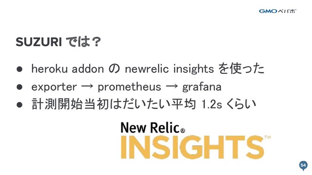 では？
● heroku addon の newrelic insights を使った 
● exporter → prometheus → grafana 
● 計測開始当初はだいたい平均 1.2s くらい 
 
 

