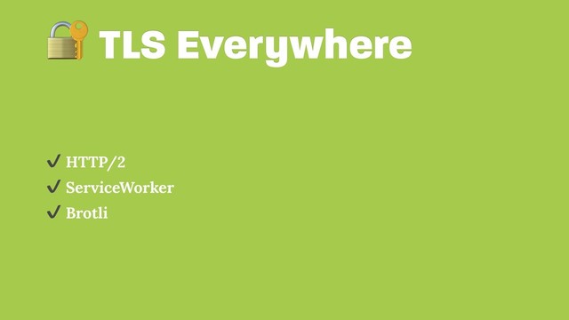  TLS Everywhere
✔ HTTP/2
✔ ServiceWorker
✔ Brotli
