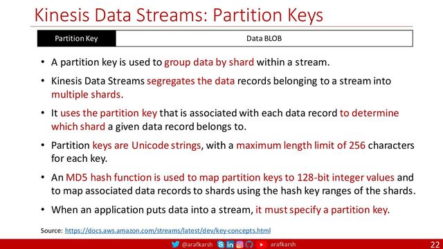 @arafkarsh arafkarsh
Kinesis Data Streams: Partition Keys
22
Source: https://docs.aws.amazon.com/streams/latest/dev/key-concepts.html
Partition Key Data BLOB
• A partition key is used to group data by shard within a stream.
• Kinesis Data Streams segregates the data records belonging to a stream into
multiple shards.
• It uses the partition key that is associated with each data record to determine
which shard a given data record belongs to.
• Partition keys are Unicode strings, with a maximum length limit of 256 characters
for each key.
• An MD5 hash function is used to map partition keys to 128-bit integer values and
to map associated data records to shards using the hash key ranges of the shards.
• When an application puts data into a stream, it must specify a partition key.
