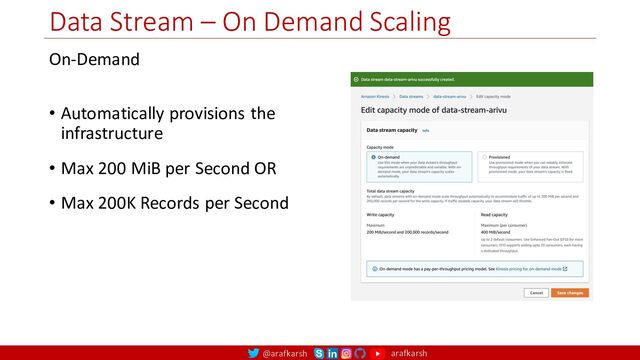 @arafkarsh arafkarsh
Data Stream – On Demand Scaling
On-Demand
• Automatically provisions the
infrastructure
• Max 200 MiB per Second OR
• Max 200K Records per Second
27
