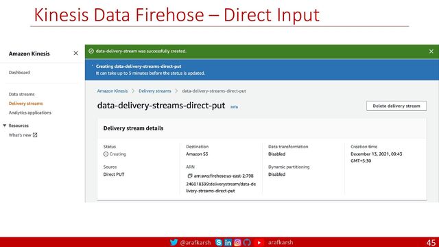 @arafkarsh arafkarsh
Kinesis Data Firehose – Direct Input
45
