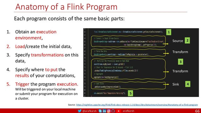 @arafkarsh arafkarsh
Anatomy of a Flink Program
66
1. Obtain an execution
environment,
2. Load/create the initial data,
3. Specify transformations on this
data,
4. Specify where to put the
results of your computations,
5. Trigger the program execution.
Will be triggered on your local machine
or submit your program for execution on
a cluster.
Source
Transform
Transform
Sink
1
2
3
5
4
Each program consists of the same basic parts:
Source: https://nightlies.apache.org/flink/flink-docs-release-1.14/docs/dev/datastream/overview/#anatomy-of-a-flink-program
