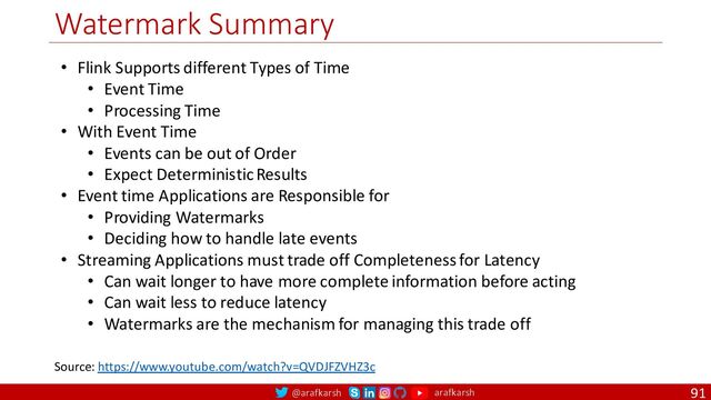 @arafkarsh arafkarsh
Watermark Summary
91
• Flink Supports different Types of Time
• Event Time
• Processing Time
• With Event Time
• Events can be out of Order
• Expect Deterministic Results
• Event time Applications are Responsible for
• Providing Watermarks
• Deciding how to handle late events
• Streaming Applications must trade off Completeness for Latency
• Can wait longer to have more complete information before acting
• Can wait less to reduce latency
• Watermarks are the mechanism for managing this trade off
Source: https://www.youtube.com/watch?v=QVDJFZVHZ3c
