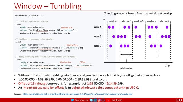 @arafkarsh arafkarsh
Window – Tumbling
100
Tumbling windows have a fixed size and do not overlap.
• Without offsets hourly tumbling windows are aligned with epoch, that is you will get windows such as
• 1:00:00.000 - 1:59:59.999, 2:00:00.000 - 2:59:59.999 and so on.
• Offset of 15 minutes you would, for example, get 1:15:00.000 - 2:14:59.999.
• An important use case for offsets is to adjust windows to time zones other than UTC-0.
Source: https://nightlies.apache.org/flink/flink-docs-release-1.14/docs/dev/datastream/operators/windows/
