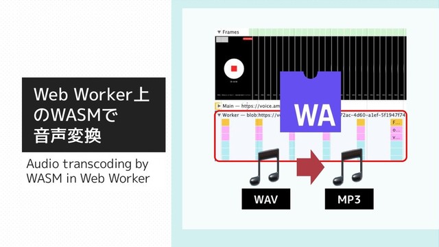 Web Worker上
のWASMで
音声変換
Audio transcoding by
WASM in Web Worker
WAV MP3
