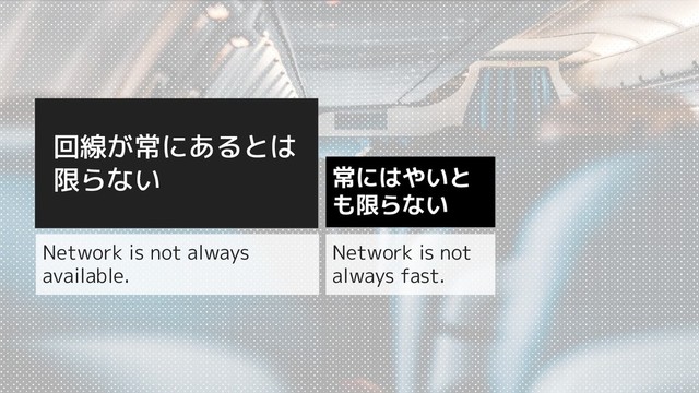回線が常にあるとは
限らない
Network is not always
available.
常にはやいと
も限らない
Network is not
always fast.
