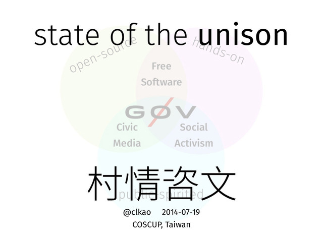 state of the unison
勠䞕ㅑ俒
@clkao 2014-07-19
COSCUP, Taiwan
