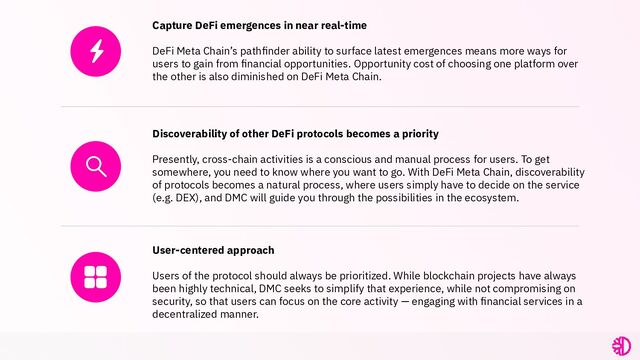 Capture DeFi emergences in near real-time
DeFi Meta Chain’s pathﬁnder ability to surface latest emergences means more ways for
users to gain from ﬁnancial opportunities. Opportunity cost of choosing one platform over
the other is also diminished on DeFi Meta Chain.
Discoverability of other DeFi protocols becomes a priority
Presently, cross-chain activities is a conscious and manual process for users. To get
somewhere, you need to know where you want to go. With DeFi Meta Chain, discoverability
of protocols becomes a natural process, where users simply have to decide on the service
(e.g. DEX), and DMC will guide you through the possibilities in the ecosystem.
User-centered approach
Users of the protocol should always be prioritized. While blockchain projects have always
been highly technical, DMC seeks to simplify that experience, while not compromising on
security, so that users can focus on the core activity — engaging with ﬁnancial services in a
decentralized manner.
