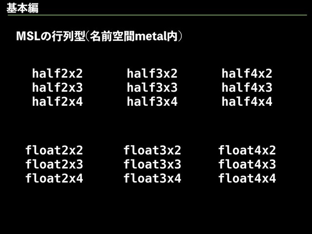 half2x2
half2x3
half2x4
float2x2
float2x3
float2x4
half3x2
half3x3
half3x4
half4x2
half4x3
half4x4
float3x2
float3x3
float3x4
float4x2
float4x3
float4x4
.4-ͷߦྻܕ ໊લۭؒNFUBM಺

جຊฤ
