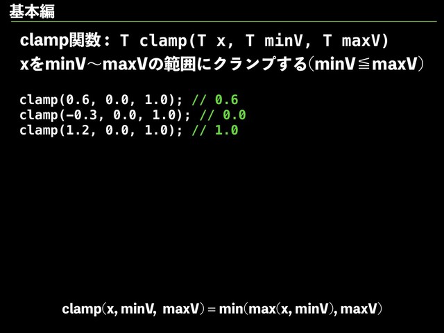 DMBNQؔ਺
YΛNJO7ʙNBY7ͷൣғʹΫϥϯϓ͢Δ NJO7ʽNBY7

clamp(0.6, 0.0, 1.0); // 0.6
clamp(-0.3, 0.0, 1.0); // 0.0
clamp(1.2, 0.0, 1.0); // 1.0
DMBNQ YNJO7NBY7
NJO NBY YNJO7
NBY7

T clamp(T x, T minV, T maxV)
جຊฤ
