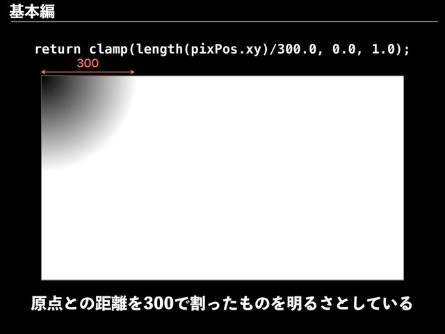 
ݪ఺ͱͷڑ཭ΛͰׂͬͨ΋ͷΛ໌Δ͞ͱ͍ͯ͠Δ
return clamp(length(pixPos.xy)/300.0, 0.0, 1.0);
جຊฤ
