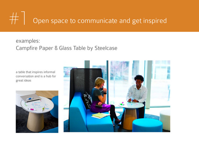 #1 Open space to communicate and get inspired
examples:
Campfire Paper & Glass Table by Steelcase
a table that inspires informal
conversation and is a hub for
great ideas
