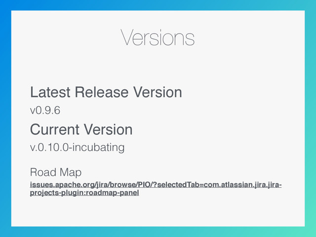 Versions
Latest Release Version
v0.9.6
Current Version
v.0.10.0-incubating
Road Map
issues.apache.org/jira/browse/PIO/?selectedTab=com.atlassian.jira.jira-
projects-plugin:roadmap-panel
