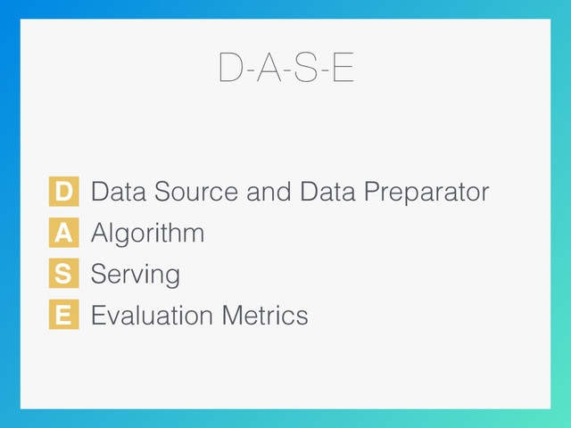 D
A
S
E
D-A-S-E
Data Source and Data Preparator
Algorithm
Serving
Evaluation Metrics
