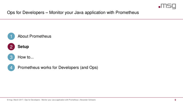 Ops for Developers – Monitor your Java application with Prometheus
9
© msg | March 2017 | Ops for Developers - Monitor your Java application with Prometheus | Alexander Schwartz
About Prometheus
1
Setup
2
How to...
3
Prometheus works for Developers (and Ops)
4
