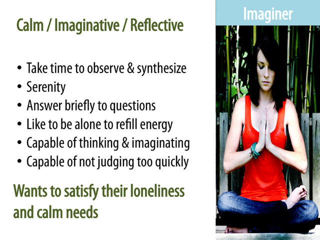 Imaginer
•  Take time to observe & synthesize
•  Serenity
•  Answer briefly to questions
•  Like to be alone to refill energy
•  Capable of thinking & imaginating
•  Capable of not judging too quickly
Calm / Imaginative / Reflective
