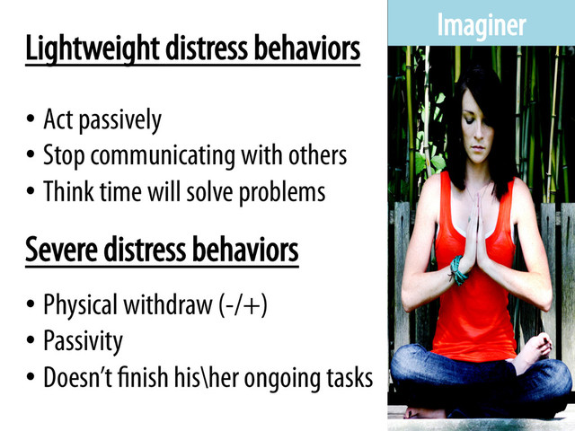 Imaginer
Lightweight distress behaviors
• Act passively
• Stop communicating with others
• Think time will solve problems
• Physical withdraw (-/+)
• Passivity
• Doesn’t finish his\her ongoing tasks
Severe distress behaviors
