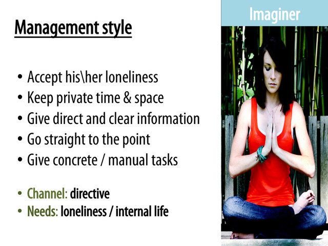 Imaginer
Management style
• Accept his\her loneliness
• Keep private time & space
• Give direct and clear information
• Go straight to the point
• Give concrete / manual tasks
•  Channel: directive
•  Needs: loneliness / internal life
