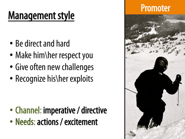 Promoter
Management style
• Be direct and hard
• Make him\her respect you
• Give often new challenges
• Recognize his\her exploits
• Channel: imperative / directive
• Needs: actions / excitement
