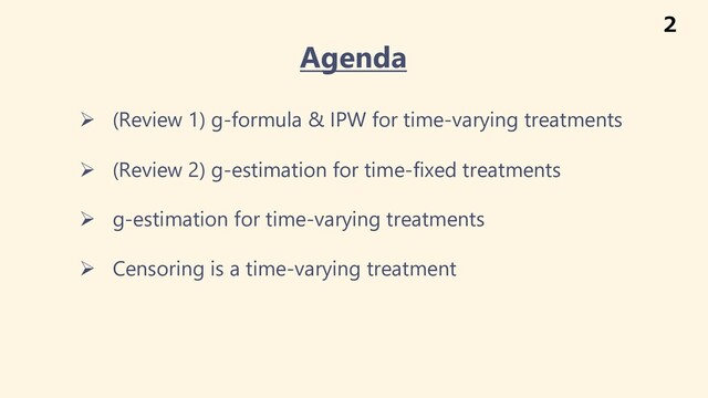 Ø (Review 1) g-formula & IPW for time-varying treatments
Ø (Review 2) g-estimation for time-fixed treatments
Ø g-estimation for time-varying treatments
Ø Censoring is a time-varying treatment
Agenda
2
