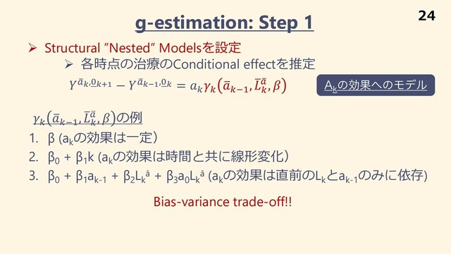 g-estimation: Step 1
Ø Structural ”Nested” Modelsを設定
 ,
!#,%#$" −  ,
!#%",%# = (
(
+
(*#
, +
(
,
! ,  "L
ͷޮՌ΁ͷϞσϧ
1. β (ak
の効果は⼀定）
2. β0
+ β1
k (ak
の効果は時間と共に線形変化）
3. β0
+ β1
ak-1
+ β2
Lk
ā + β3
a0
Lk
ā (ak
の効果は直前のLk
とak-1
のみに依存)
(
+
(*#
, +
(
,
! ,  の例
Bias-variance trade-off!!
Ø 各時点の治療のConditional effectを推定
24
