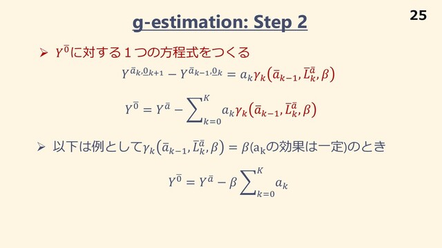 g-estimation: Step 2
 ,
!#,%#$" −  ,
!#%",%# = (
(
+
(*#
, +
(
,
! , 
9
% =  ,
! − &
("%
)
(
(
+
(*#
, +
(
,
! , 
Ø 9
%に対する１つの⽅程式をつくる
Ø 以下は例として(
+
(*#
, +
(
,
! ,  = (a:
の効果は⼀定)のとき
9
% =  ,
! −  &
("%
)
(
25
