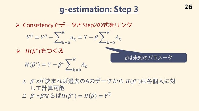 g-estimation: Step 3
Ø ConsistencyでデータとStep2の式をリンク
 ∗ =  − ∗ &
("%
)
(
Ø (∗)をつくる
͸ະ஌ͷύϥϝʔλ
1. ∗͕ܾ·Ε͹աڈͷAͷσʔλ͔Β (∗)͸֤ݸਓʹର
ͯ͠ܭࢉՄೳ
2. ∗=ͳΒ͹(∗) =   = 9
%
9
% =  ,
! − &
("%
)
(
=  −  &
("%
)
(
26
