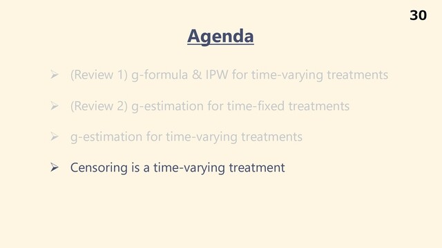Ø (Review 1) g-formula & IPW for time-varying treatments
Ø (Review 2) g-estimation for time-fixed treatments
Ø g-estimation for time-varying treatments
Ø Censoring is a time-varying treatment
Agenda
30

