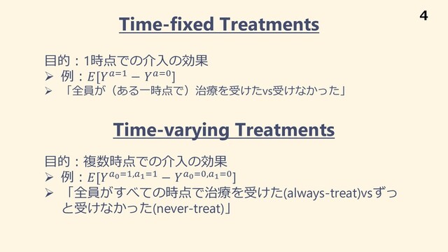 Time-varying Treatments
⽬的︓複数時点での介⼊の効果
Ø 例︓[!!"#,!""# − !!"%,!""%]
Ø 「全員がすべての時点で治療を受けた(always-treat)vsずっ
と受けなかった(never-treat)」
Time-fixed Treatments
⽬的︓1時点での介⼊の効果
Ø 例︓[!"# − !"%]
Ø 「全員が（ある⼀時点で）治療を受けたvs受けなかった」
4
