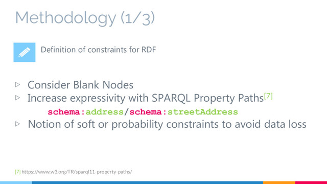 Methodology (1/3)
▷ Consider Blank Nodes
▷ Increase expressivity with SPARQL Property Paths[7]
schema:address/schema:streetAddress
▷ Notion of soft or probability constraints to avoid data loss
Definition of constraints for RDF
[7] https://www.w3.org/TR/sparql11-property-paths/
