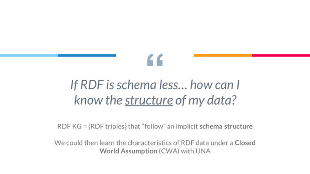 “
If RDF is schema less… how can I
know the structure of my data?
RDF KG = {RDF triples} that “follow” an implicit schema structure
We could then learn the characteristics of RDF data under a Closed
World Assumption (CWA) with UNA
