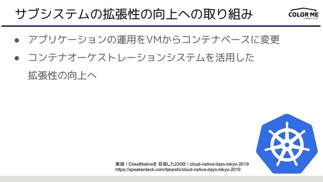 サブシステムの拡張性の向上への取り組み
● アプリケーションの運用をVMからコンテナベースに変更
● コンテナオーケストレーションシステムを活用した
拡張性の向上へ
実録！CloudNativeを 目指した230日 / cloud-native-days-tokyo-2019
https://speakerdeck.com/takaishi/cloud-native-days-tokyo-2019
