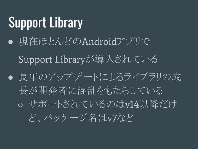 Support Library
● 現在ほとんどの
Android
アプリで
Support Library
が導入されている
● 長年のアップデートによるライブラリの成
長が開発者に混乱をもたらしている
○ サポートされているのは
v14
以降だけ
ど、パッケージ名は
v7
など
