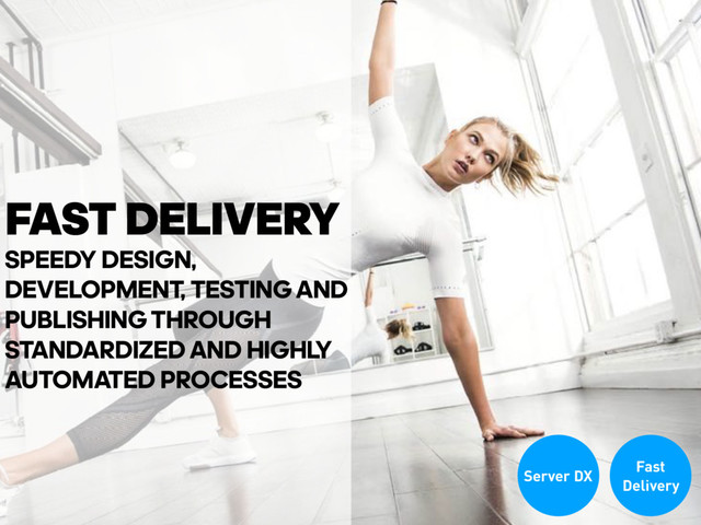 SPEEDY DESIGN,
DEVELOPMENT, TESTING AND
PUBLISHING THROUGH
STANDARDIZED AND HIGHL
Y‐
AUTOMATED PROCESSES
FAST DELIVERY
Fast
Delivery
Server DX
