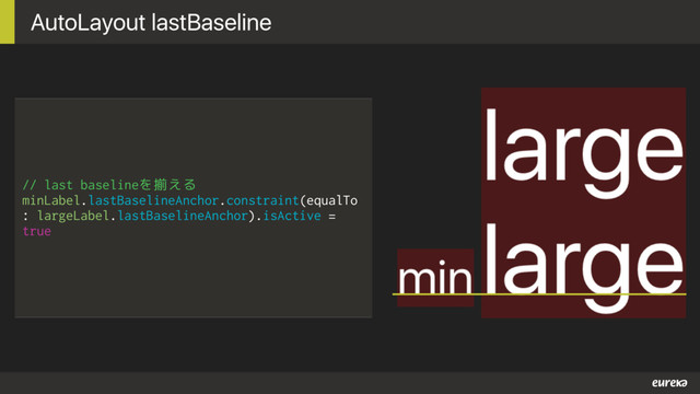 AutoLayout lastBaseline
// last baselineを揃える
minLabel.lastBaselineAnchor.constraint(equalTo
: largeLabel.lastBaselineAnchor).isActive =
true
