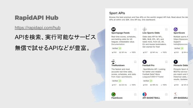 RapidAPI Hub
https://rapidapi.com/hub
APIを検索、実行可能なサービス
無償で試せるAPIなどが豊富。
9
