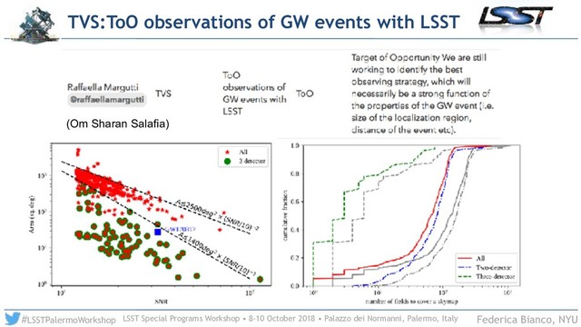 LSST Special Programs Workshop • 8-10 October 2018 • Palazzo dei Normanni, Palermo, Italy
#LSSTPalermoWorkshop Federica Bianco, NYU
TVS:ToO observations of GW events with LSST
(Om Sharan Salafia)
