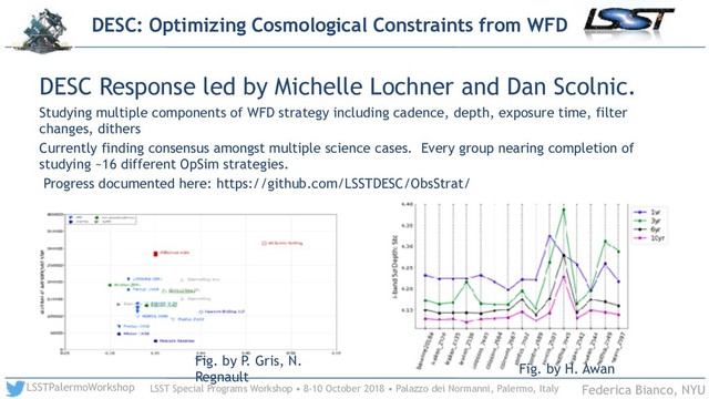 LSST Special Programs Workshop • 8-10 October 2018 • Palazzo dei Normanni, Palermo, Italy
LSSTPalermoWorkshop Federica Bianco, NYU
DESC: Optimizing Cosmological Constraints from WFD
Fig. by P. Gris, N.
Regnault
Fig. by H. Awan
DESC Response led by Michelle Lochner and Dan Scolnic.
Studying multiple components of WFD strategy including cadence, depth, exposure time, filter
changes, dithers
Currently finding consensus amongst multiple science cases. Every group nearing completion of
studying ~16 different OpSim strategies.
Progress documented here: https://github.com/LSSTDESC/ObsStrat/
