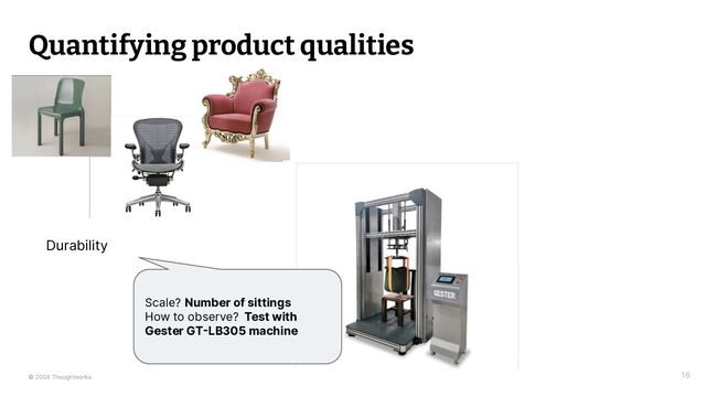 © 2024 Thoughtworks
Quantifying product qualities
16
Durability
Scale? Number of sittings
How to observe? Test with
Gester GT-LB305 machine
