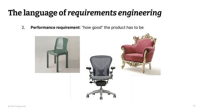 © 2024 Thoughtworks
The language of requirements engineering
10
2. Performance requirement: “how good” the product has to be
