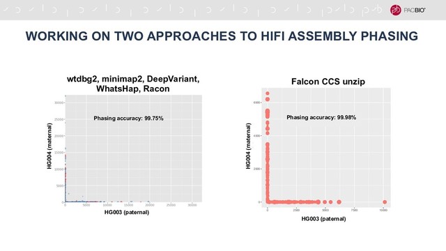 WORKING ON TWO APPROACHES TO HIFI ASSEMBLY PHASING
Phasing accuracy: 99.75%
wtdbg2, minimap2, DeepVariant,
WhatsHap, Racon
accuracy = 0.999820918560694
polished haplotigs
chr6
0
2000
4000
6000
0 2500 5000 7500 10000
dat[, 3]
dat[, 4]
Total
1e+05
2e+05
3e+05
4e+05
5e+05
Assembly
merged_h_polished.cleanheader
Falcon CCS unzip
Phasing accuracy: 99.98%
HG003 (paternal)
HG004 (maternal)
HG003 (paternal)
HG004 (maternal)
