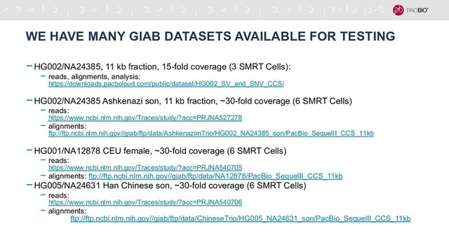 WE HAVE MANY GIAB DATASETS AVAILABLE FOR TESTING
-HG002/NA24385, 11 kb fraction, 15-fold coverage (3 SMRT Cells):
- reads, alignments, analysis:
https://downloads.pacbcloud.com/public/dataset/HG002_SV_and_SNV_CCS/
-HG002/NA24385 Ashkenazi son, 11 kb fraction, ~30-fold coverage (6 SMRT Cells)
- reads:
https://www.ncbi.nlm.nih.gov/Traces/study/?acc=PRJNA527278
- alignments:
ftp://ftp.ncbi.nlm.nih.gov//giab/ftp/data/AshkenazimTrio/HG002_NA24385_son/PacBio_SequelII_CCS_11kb
-HG001/NA12878 CEU female, ~30-fold coverage (6 SMRT Cells)
- reads:
https://www.ncbi.nlm.nih.gov/Traces/study/?acc=PRJNA540705
- alignments: ftp://ftp.ncbi.nlm.nih.gov//giab/ftp/data/NA12878/PacBio_SequelII_CCS_11kb
-HG005/NA24631 Han Chinese son, ~30-fold coverage (6 SMRT Cells)
- reads:
https://www.ncbi.nlm.nih.gov/Traces/study/?acc=PRJNA540706
- alignments:
ftp://ftp.ncbi.nlm.nih.gov//giab/ftp/data/ChineseTrio/HG005_NA24631_son/PacBio_SequelII_CCS_11kb
