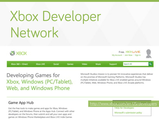 Xbox Developer
Network
http://www.xbox.com/en-US/developers

