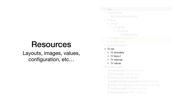 Resources
Layouts, images, values,
conﬁguration, etc…
