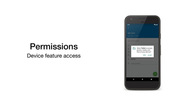 Permissions
Device feature access
